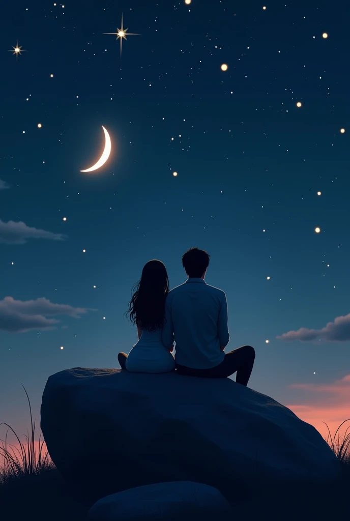 Man and woman looking at the stars and crescent moon sitting on a rock, without looking at their faces and being animated