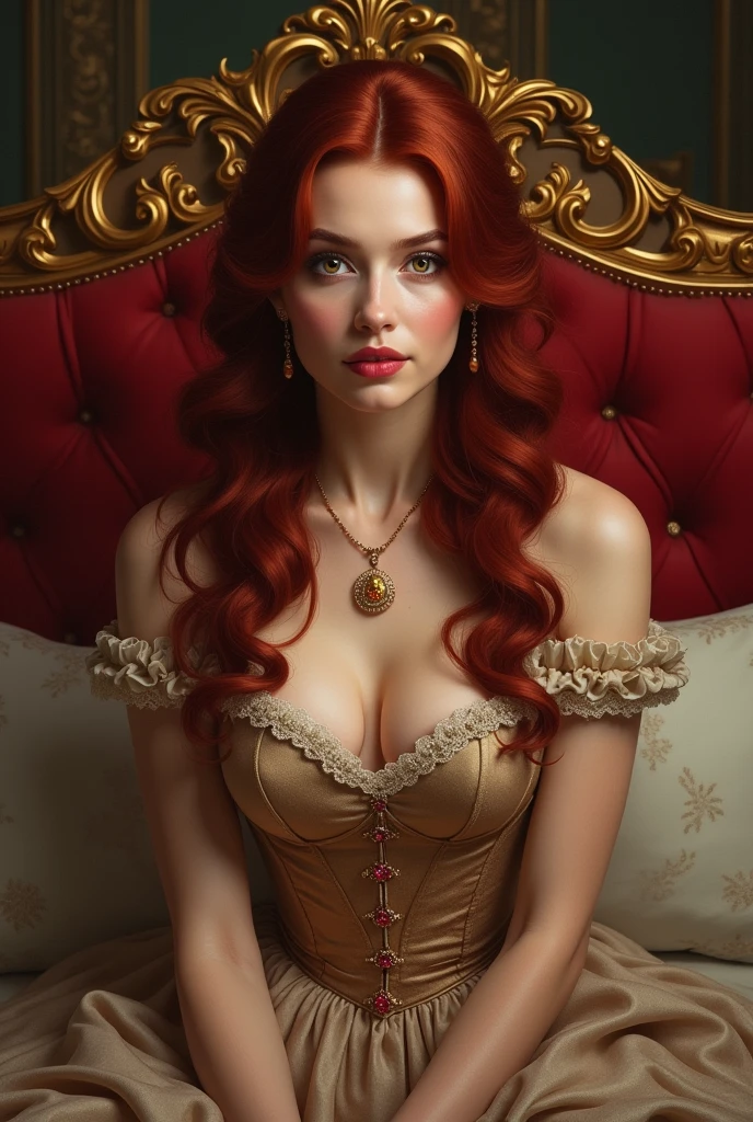 Beautiful, Elegant Historical Nobel Lady,Dark red hair,bright yellow eye,Long hair, Seductive dress , sitting on a royal bed