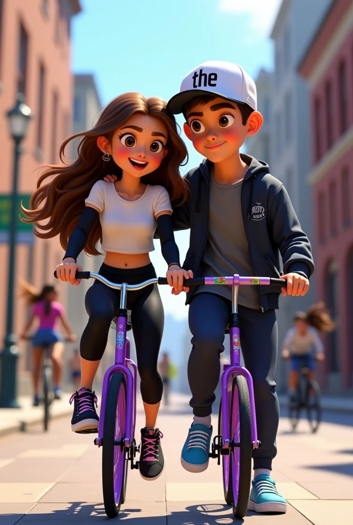 Pixar style image of a couple, The image shows two young people next to a purple bicycle on the street.
Girl: Has long hair, She wears a short white T-shirt with long black sleeves, Leggings negros, and black sneakers with pink details. She is riding the bike and holding the handlebars with both hands Boy: He wears a white cap with the logo of "the", a dark jacket with the Puma logo, dark pants, and light blue sneakers. The boy has his arm around the girl. The bike is purple with black rims and purple spokes., The handlebar is black and decorated with decals. At the bottom, More people and bicycles are seen.