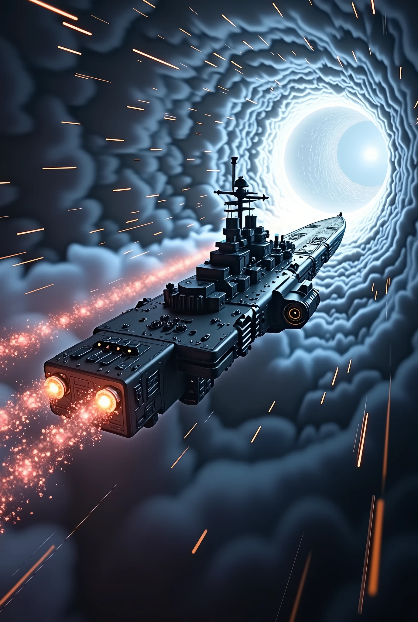 masterpiece,Highest quality,Ultra-high resolution,(Very detailed),8k,wallpaper,Realistic,(DSLR Canon style),(A battleship-shaped spaceship performs warp travel.:2.0),(sf:2.0),(A streamlined spaceship resembling the Yamato battleship:2.0),(dynamic),(Beautiful particles of light are emitted from the wave engine at the stern.:2.0),(Representing superluminal speed with a beautiful line of light:2.0),(((The background is a wormhole and subspace.:2.0))),(Motion Blur)