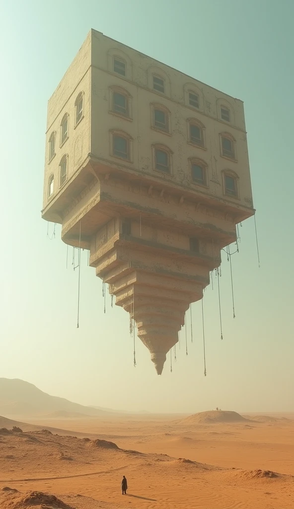 A barren desert area,A huge upside-down building appeared on the horizon,suspended in the air。Breaking the concept of time and space,Incorporates fantastic elements,Typical surreal scene。These scenes break the logic of reality,Bring strong visual impact and imagination space。visually stunning,( perfect anatomy )masterpiece, best quality, Ultra-high resolution, (Very detailed),