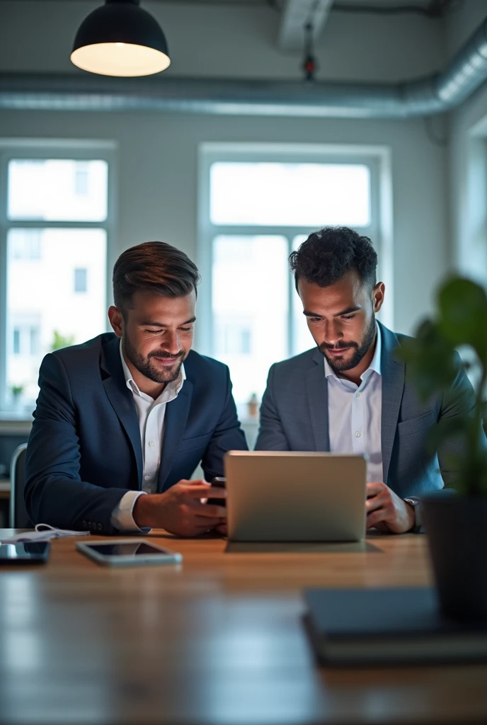Two man do online work on mobile