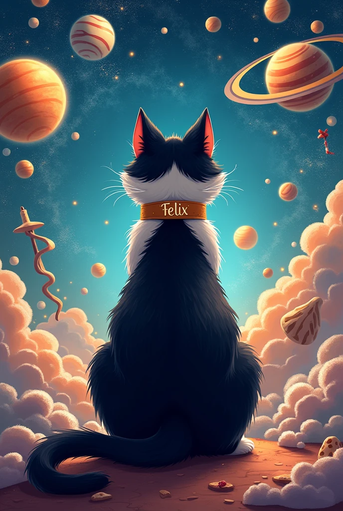 Un gros chat tuxedo. Il est de dos. Avec un fond univers (planètes, étoiles). Il y a des ustensiles de cuisine également. Dans un univers cartoon. Sur le collier du chat il est écrit Félix.