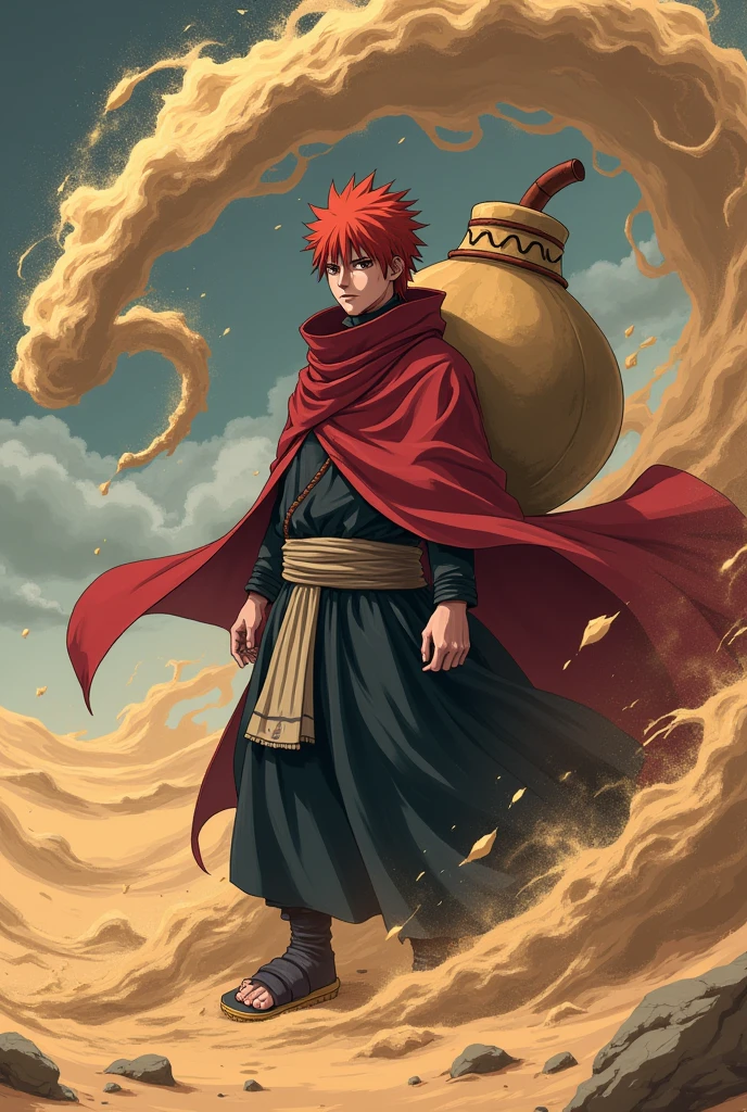 An anime-style illustration of a character resembling Gaara, the King of Sand. He stands confidently with sand swirling around him, forming protective barriers and weapons. His eyes are fierce and determined, with dark shadows under them, giving him a mysterious and powerful aura. The character wears a traditional desert cloak that flows in the wind, and a large gourd on his back from which sand pours out. The background is a desolate desert landscape, with dunes and a stormy sky, adding to the intensity of the scene. The overall mood is dramatic and intense, emphasizing the character’s control over sand and his powerful presence. --ar 9:16 --v 5