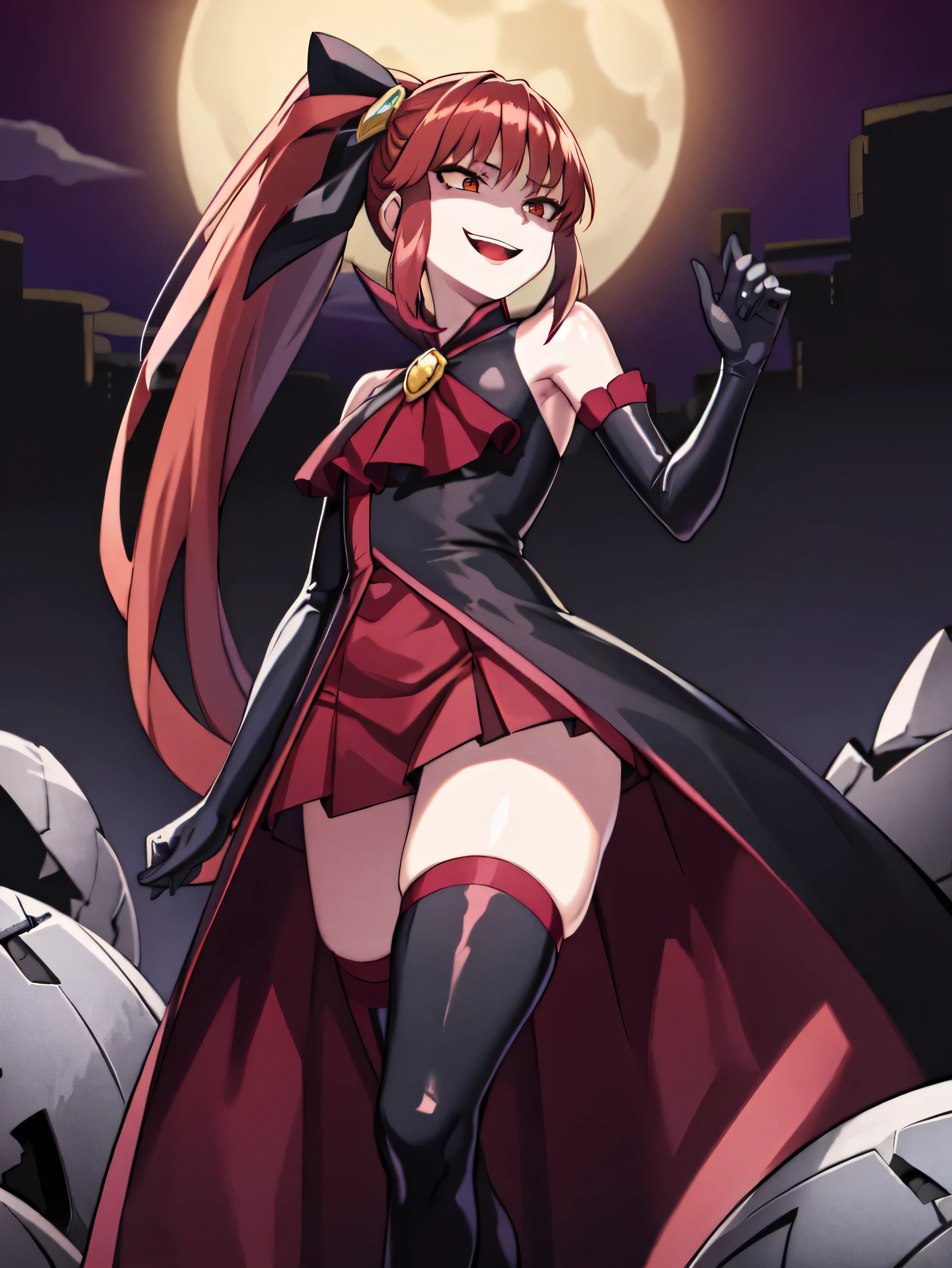 Highest quality, masterpiece, One Girl,Not beautiful, Red Ponytail, Long dress, brooch, Hair Ribbon,  Black knee socks, Standing on the rubble,  , ,,Dark shadow face,Sadistic laugh,,Malice,Contempt,smile,latex,Bad face,,Red Skirt,both hands,Two legs,Five Fingers,Evil background,Elbow fullgloves,shiny latex,evil laugh, Debish Aura (Shiny fabric:1.5),Dark world background,solo,Decorated with skulls. background, A mountain of skulls beneath ((Creepy)full moon)


