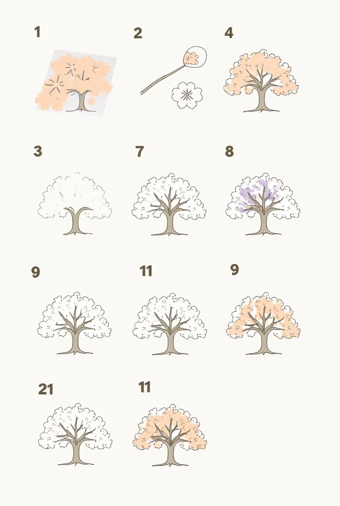 

"Create a step-by-step sequence of outlines for assembling a 3D Sakura tree from a daily tear-off calendar. The images should include:

1. **Base Structure Outline:** An outline showing the base of the calendar, which includes the foundation of the tree and the platform where the pages will stack. The tree trunk should be visible, but not yet fully formed.

2. **Daily Pages Outline:** An outline of one daily page, shaped like a petal, leaf, or branch. Each page contributes to the tree's formation. The page should have a simple date printed on it, and the shape should be detailed enough to understand how it fits into the overall tree design.

3. **Stacked Pages Outline:** An outline showing how the pages are stacked on the base, beginning to form the lower part of the tree. The stack should gradually taper as it goes up to show the tree’s shape emerging.

4. **Mid-Year Tree Formation Outline:** An outline showing the tree halfway formed, with about half of the pages removed, revealing the tree's structure starting to take shape.

5. **Fully Formed 3D Sakura Tree Outline:** The final outline showing the completed 3D Sakura tree, with all pages torn off, revealing  the intricate design of the tree, fully bloomed.

The outlines should be clean and simple, focusing on the key shapes and structures needed to understand the assembly process."

