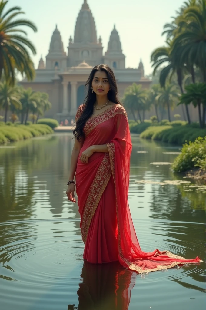Beautiful Indian girl in saree in pond and in background there is temple