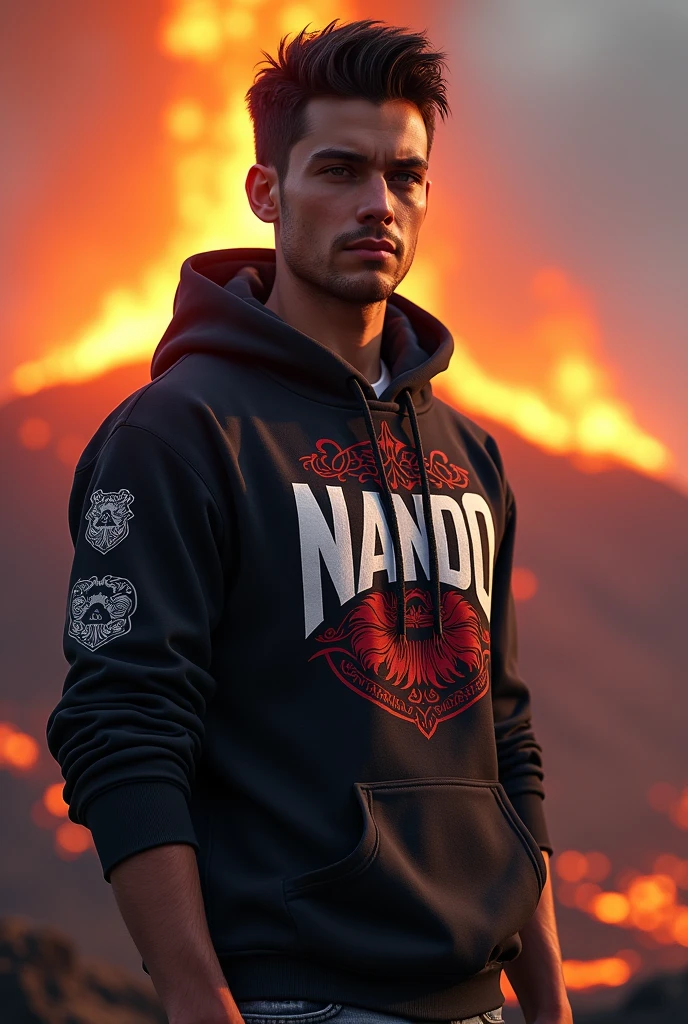 create a character hoodie,background: vulcano, background insert the HD text: “Nando”, HD, realistic, male, age 20, full body