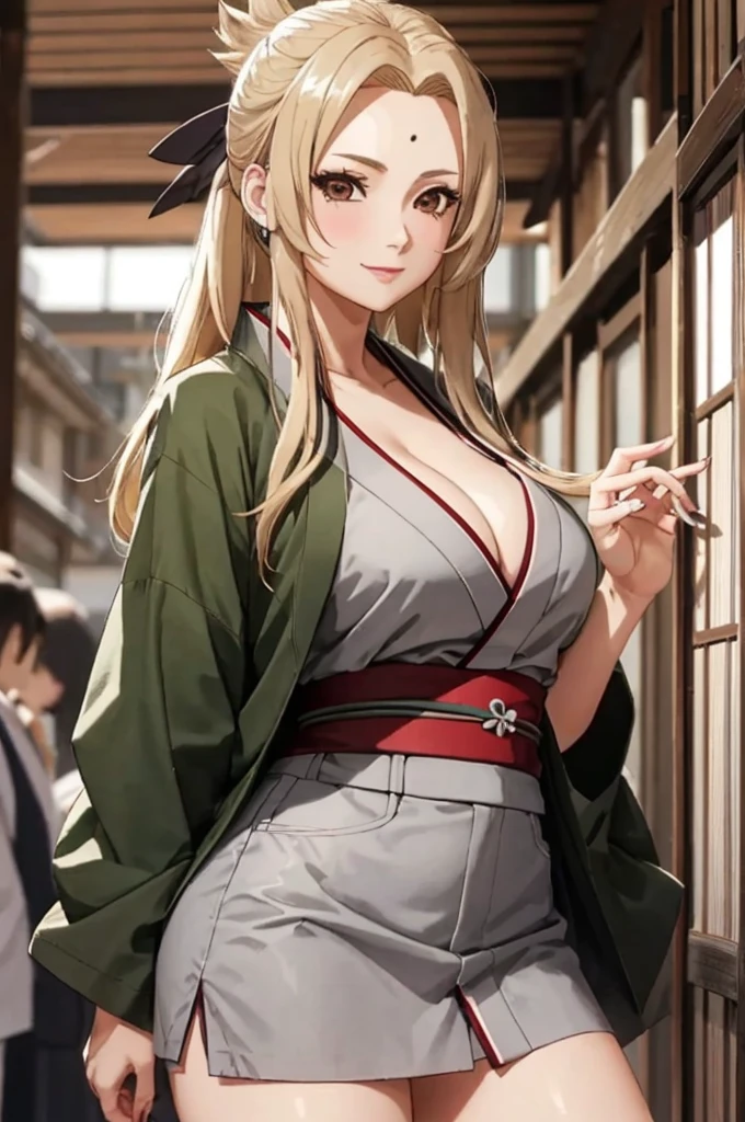 T5un4D3, marks, 1girl in, tsunade, common, sash, Green 、Gray Japan kimono、Red band、Gray miniskirt（Big Tits）