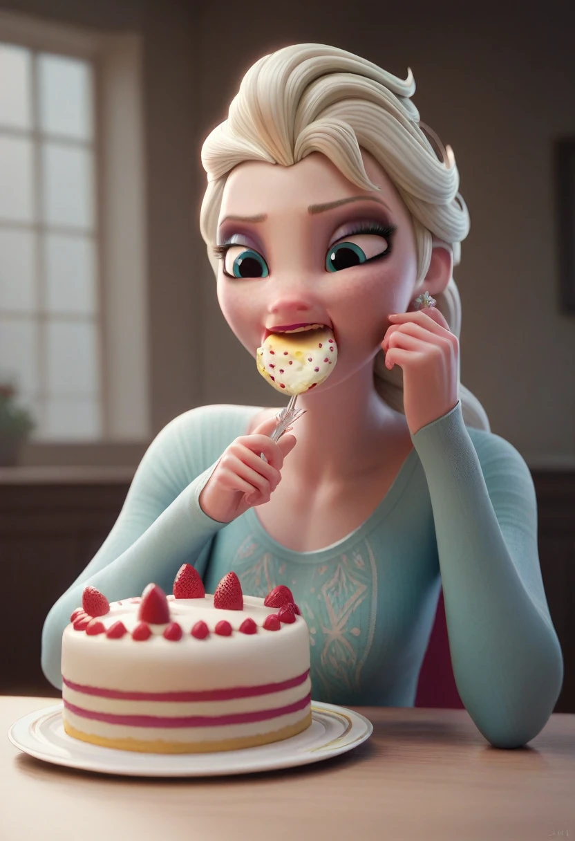 3D,tall surly slim faced elsa,eating a cake,wearing  cold glances,literaly gained a pudgybelly ,fullbodyimage