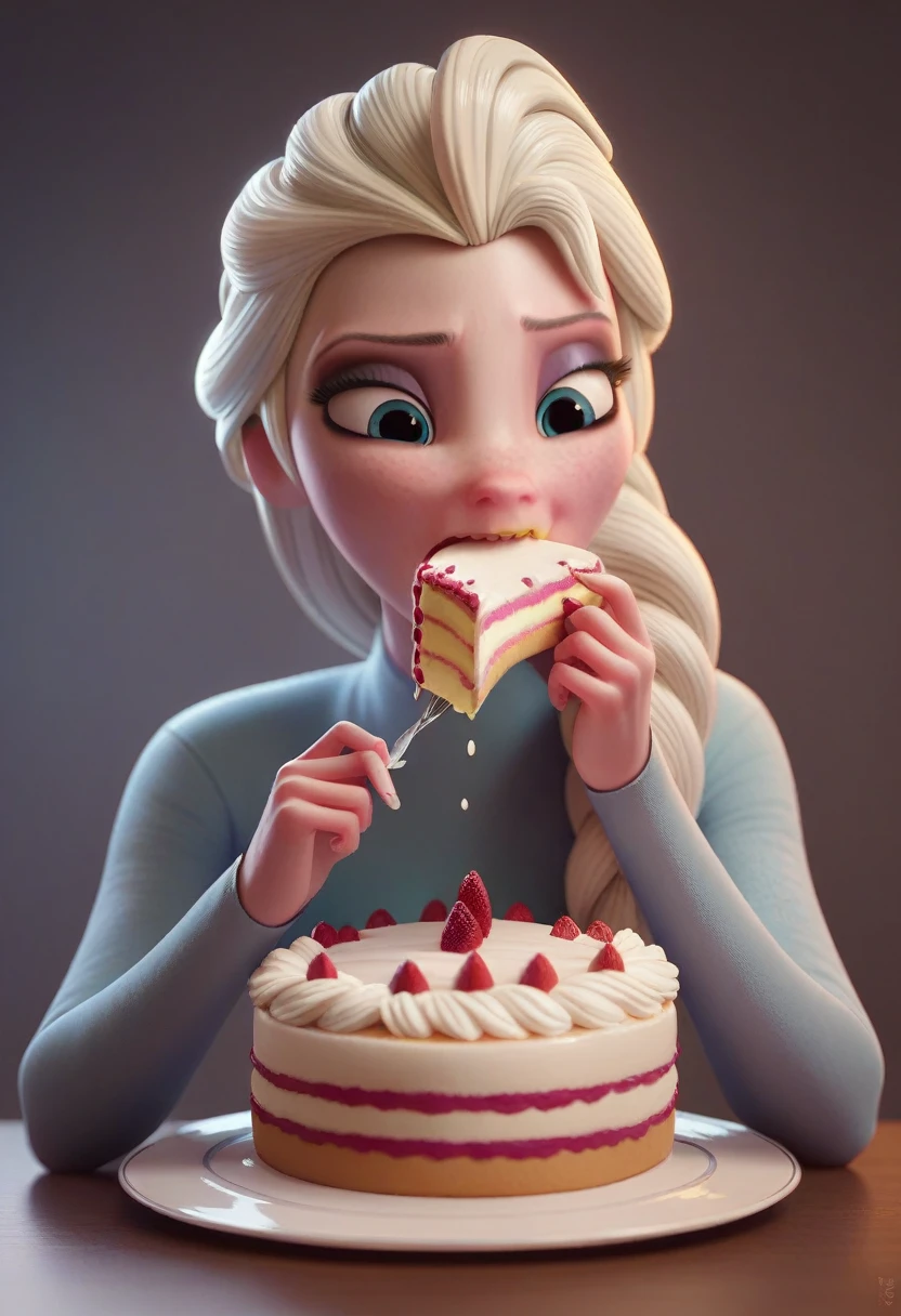 3D,tall surly slim faced elsa,eating a cake,wearing  cold glances,literaly gained a pudgybelly ,fullbodyimage