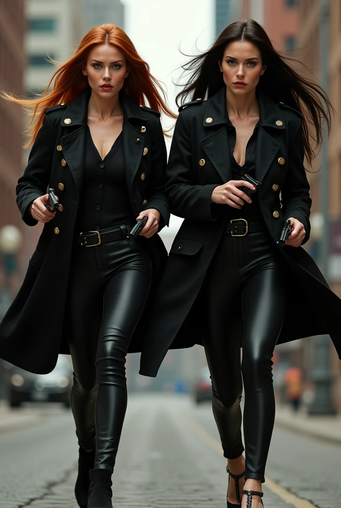 ultra realistic, photography, two women: one with long straight red hair, (30 years old, hourglass figure, perfect body), the other one: long black straight hair, (30 years old, hourglass figure, perfect fit body), Long eye lashes, seductive eyes, Award Winning Glamour Photograph extremely detailed award winning glamour photograph, front lit, HDR, they are dressed like a FBI Agents, under their trenchcoats their shirt is buttoned up, they have a badge on their trenchcoats, they are wearing elegant pants and high heels, they are running after a suspect, they have their guns drawn, action shot, cinematic shot,