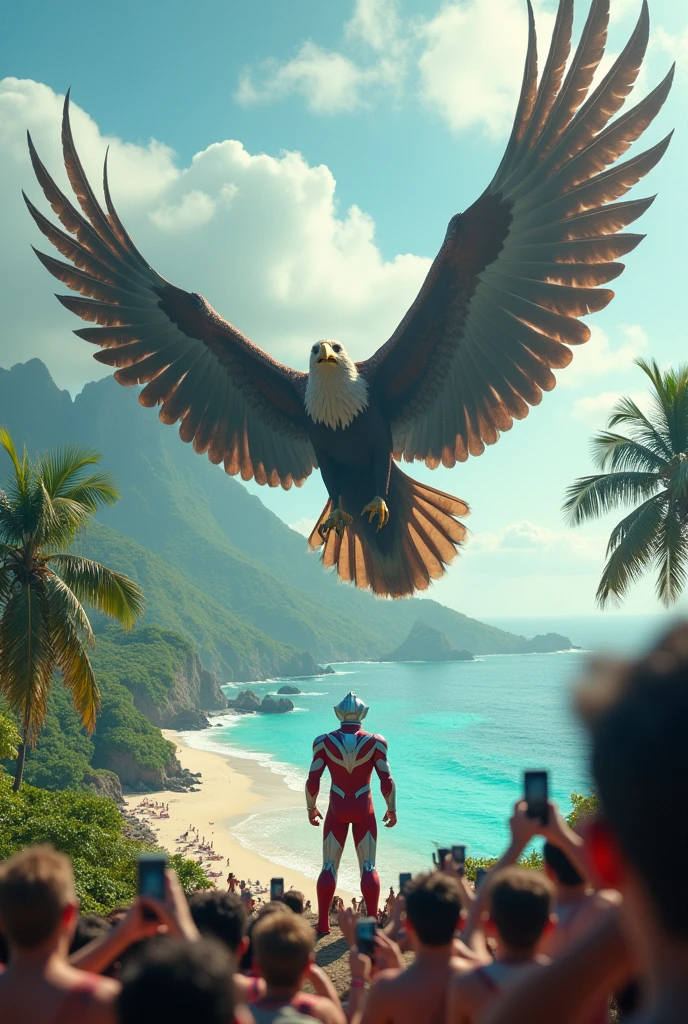 ultraman,giant eagle,water,island,tilt shift photography,miniature effect,detailed environment,dramatic lighting,epic battle,high quality,cinematic,hyper detailed,award winning photograph,stunning colors. Hundred of Small human snap with phone .