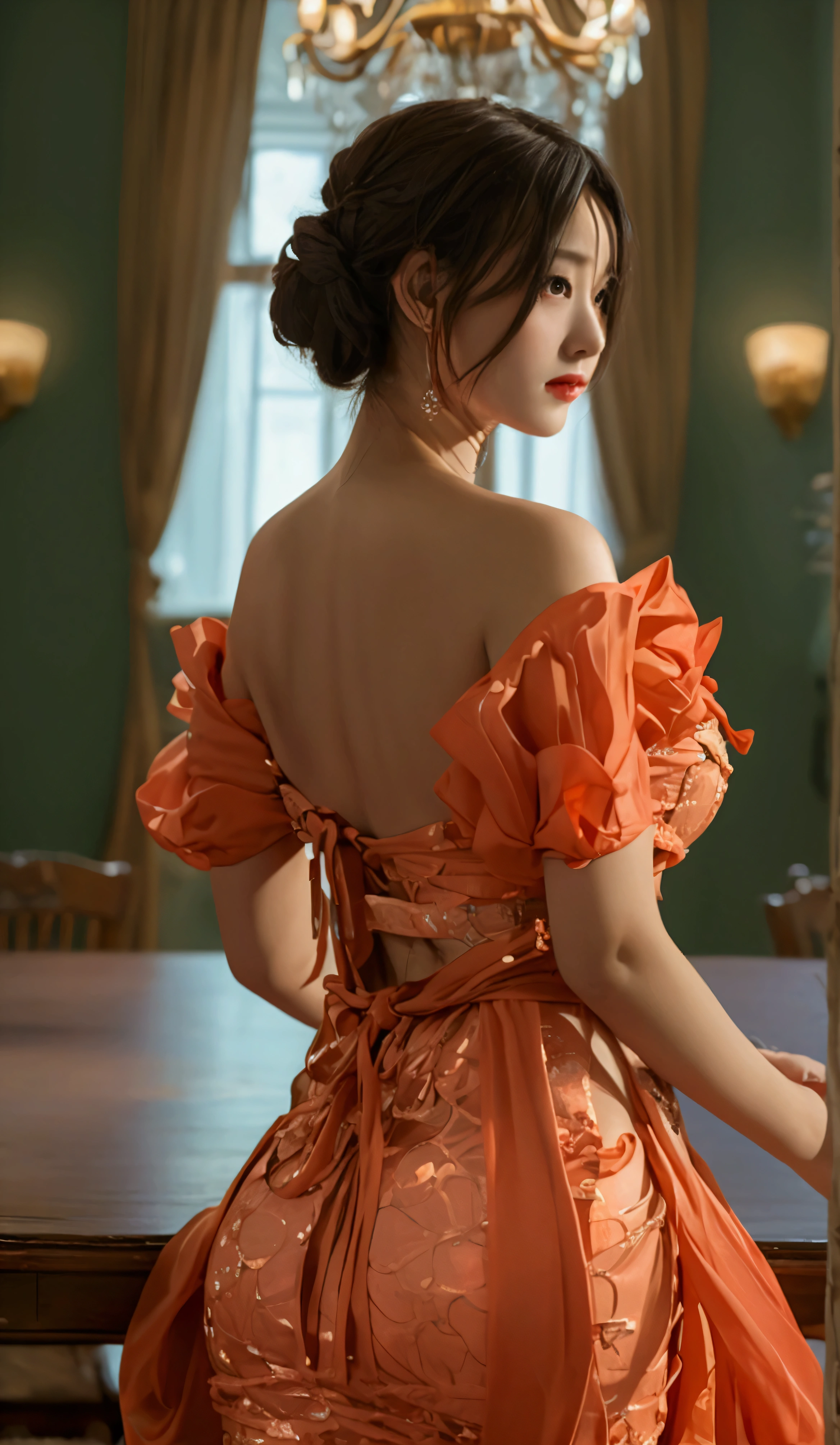 Highest quality masterpiece High resolution One person Party Dresses (Big Tits) Evening party aesthetic expression Spanning the table With a chandelier in the background