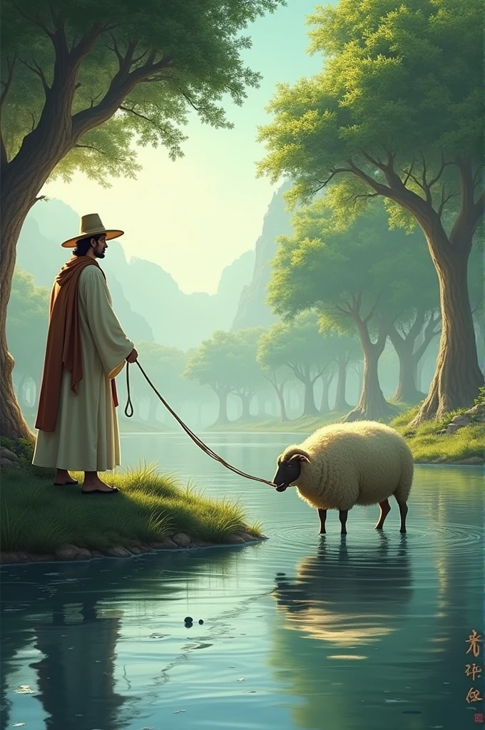 a sheep in the river drinking water A master Jubba is wearing a hat. The sheep is holding the rope. There are big daub trees around HD