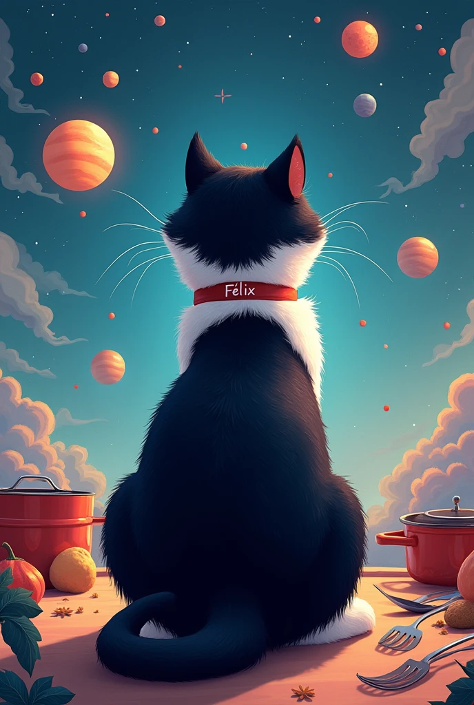 Un gros chat tuxedo. Il est de dos. Avec un fond univers (planètes, étoiles). Il y a des ustensiles de cuisine. Dans un univers cartoon. Sur le collier du chat il est écrit Félix.