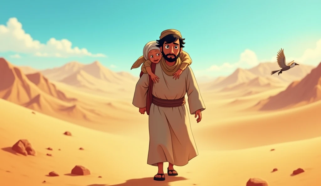Animated image of a black-haired Muslim man carrying an old grandmother on his back while walking in the desert
