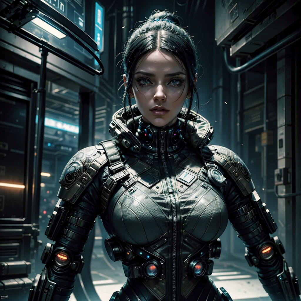 
a cyberpunk woman in an apocalyptic scenario, in the scenario we see cyborgs and futuristic technological means, the very charming woman is tattooed and wears a futuristic uniform,hyper-realistic, hyper-detailed, photo-realistic, perfect-details, intricate-details, high quality, 8k