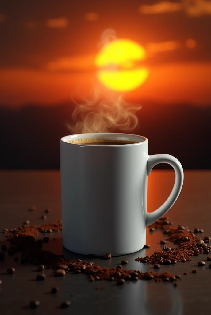 a white cup of brewed coffee, and scattered coffee grounds, dark sunset background
