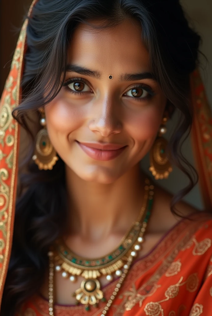 A Indian girl with the appearance of an Indian heroine, wearing a traditional Indian dress, with distinct eyebrows and a charming dimple on her face. Not a cartoon