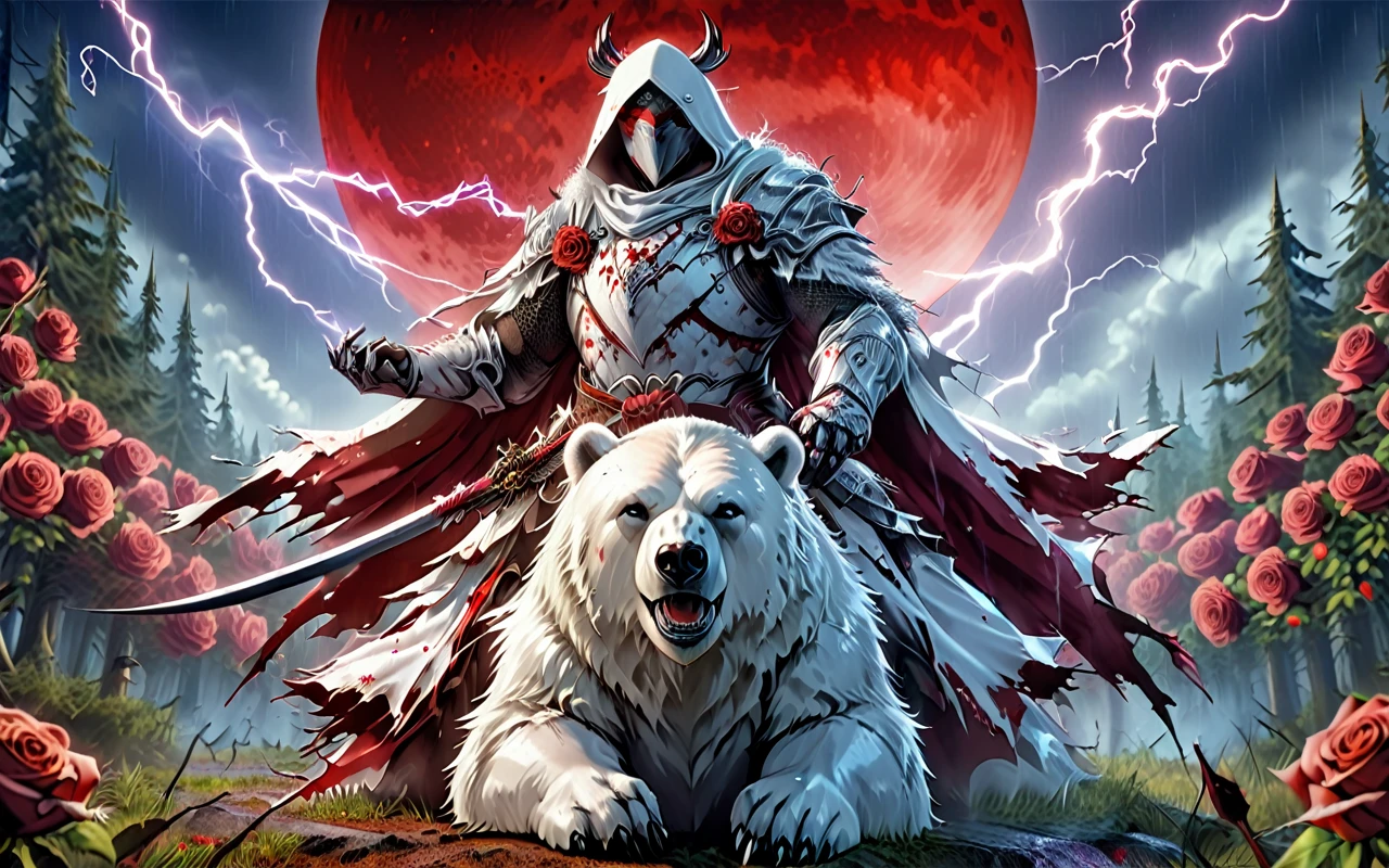 Dynamic picture where a man with a white hood with bear ears and a katana sits riding a big polar bear in a forest while the blood moon shines, many Roses cover the ground and lightning falls from the sky. The man wears a red blindfold.