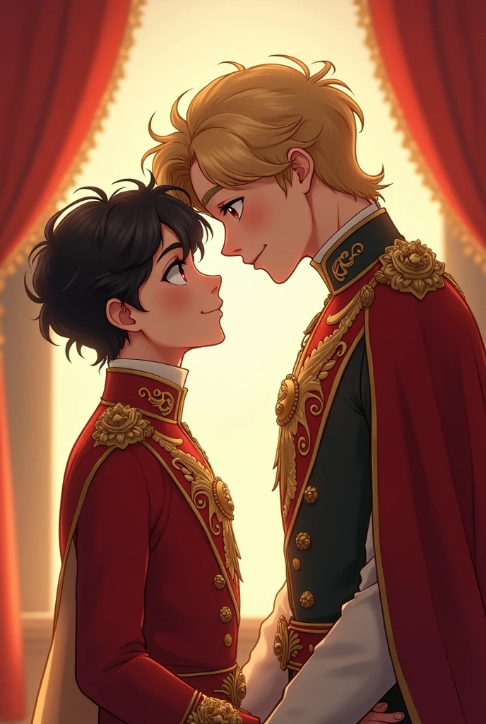 The boy is black hair and red eyes are looked up at handsome boy who was golden long hair and golden eyes. Golden hair boy is taller than black hair boy. They wearing royal clothing. They look like a Princes. Black hair boy is beautiful and cute boy. Golden boy is strong and mature and he looked down black hair boy. They eyes are filled with love.