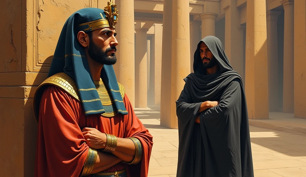 oil painting, Egyptian pharaoh in the foreground and Egyptian priest in the background, dressed in a dark robe, which covers his head, with a serious expression on his face.
