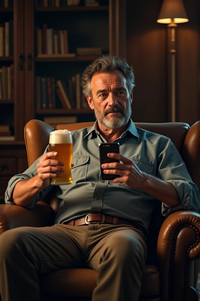 A man siiting on chair with beer and a phone in hand