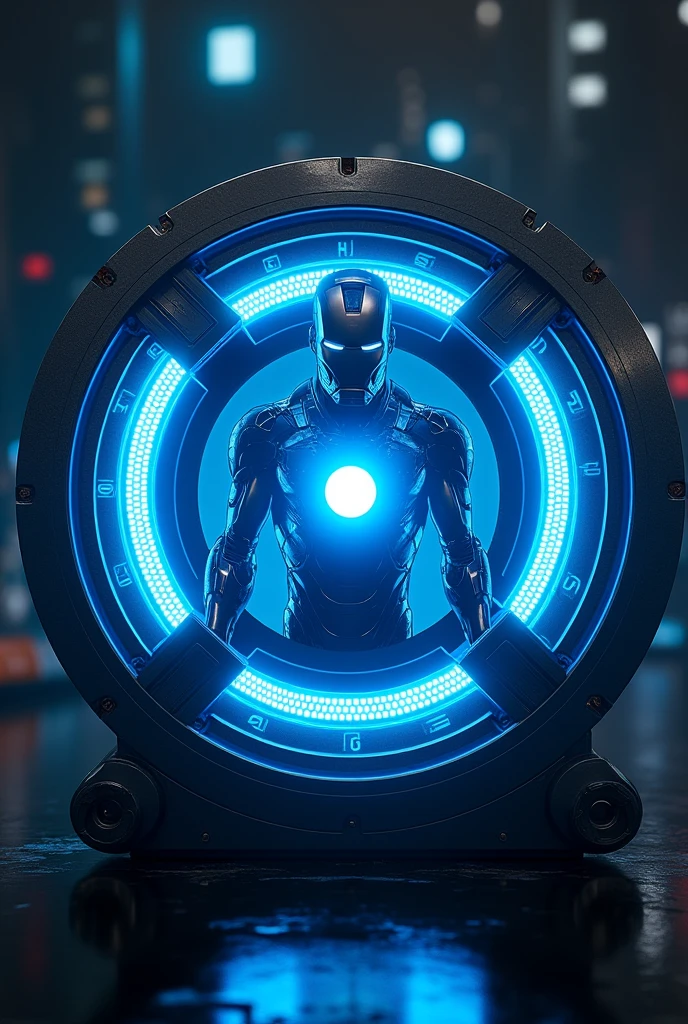 Arc reactor in blue colour circular shape with blinking blue light and iron man reflection at the centre of an arc reactor front face and realistic display 