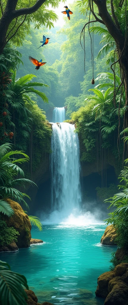 crée moi plusieurs une jungle paradisiaque, avec une cascade, eau turquoise