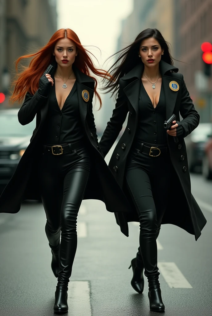 ultra realistic, photography, two women: one with long straight red hair, (30 years old, hourglass figure, perfect body), the other one: long black straight hair, (30 years old, hourglass figure, perfect fit body), Long eye lashes, seductive eyes, Award Winning Glamour Photograph extremely detailed award winning glamour photograph, front lit, HDR, they are dressed like a FBI Agents, under their trenchcoats their shirt is buttoned up, they have a badge on their trenchcoats, they are wearing elegant pants and high heels, they are running after a suspect, they have their guns drawn, action shot, cinematic shot,