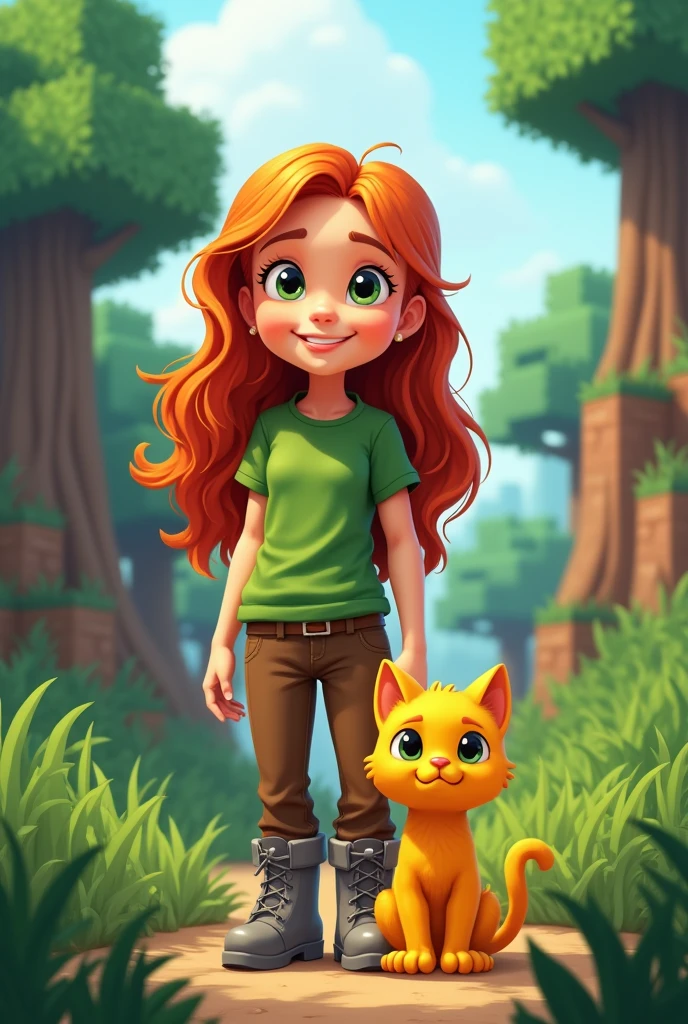 2D cartoon design of Alex the girl, long orange hair, green t-shirt, brown pants, gray boots and her yellow cat with real shape and human body and no cubes in Minecraft land