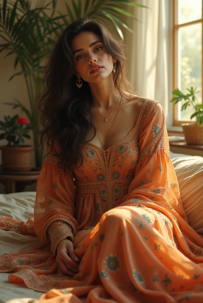 (photorealism:1.2), beautiful woman, sitting on bed, wear Pakistani dress long curly hair, indoors, soft lighting, plants in background, window with sunlight, cozy room, relaxed pose, realistic, intricate details, warm colors, by Greg Rutkowski, by Alphonse Mucha