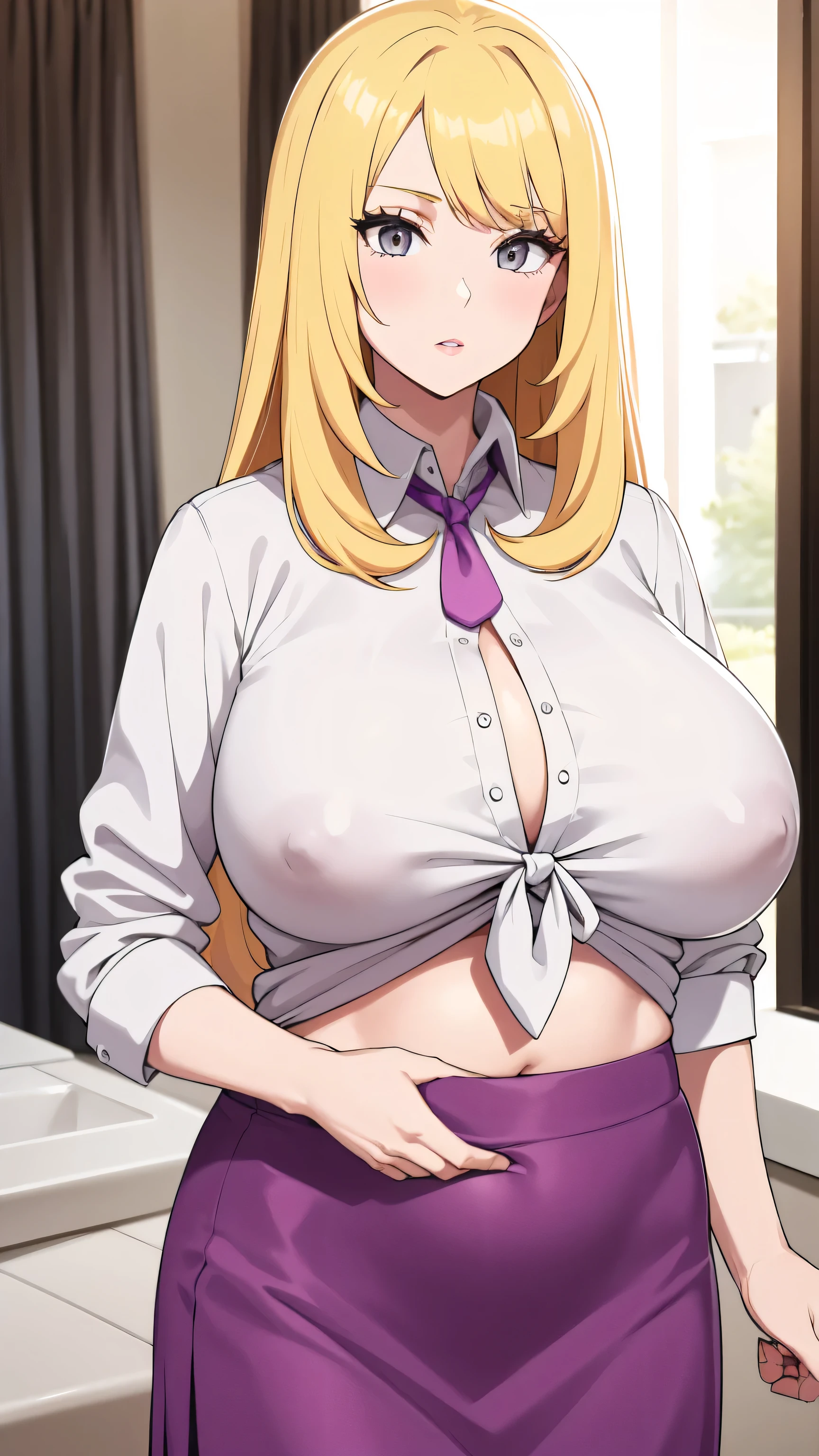 A tall girl with big breasts, beautiful, long yellow hair, gray eyes, pink lips, wears a white button-down shirt tied with a knot, showing her chest, showing her belly button, and a long purple skirt