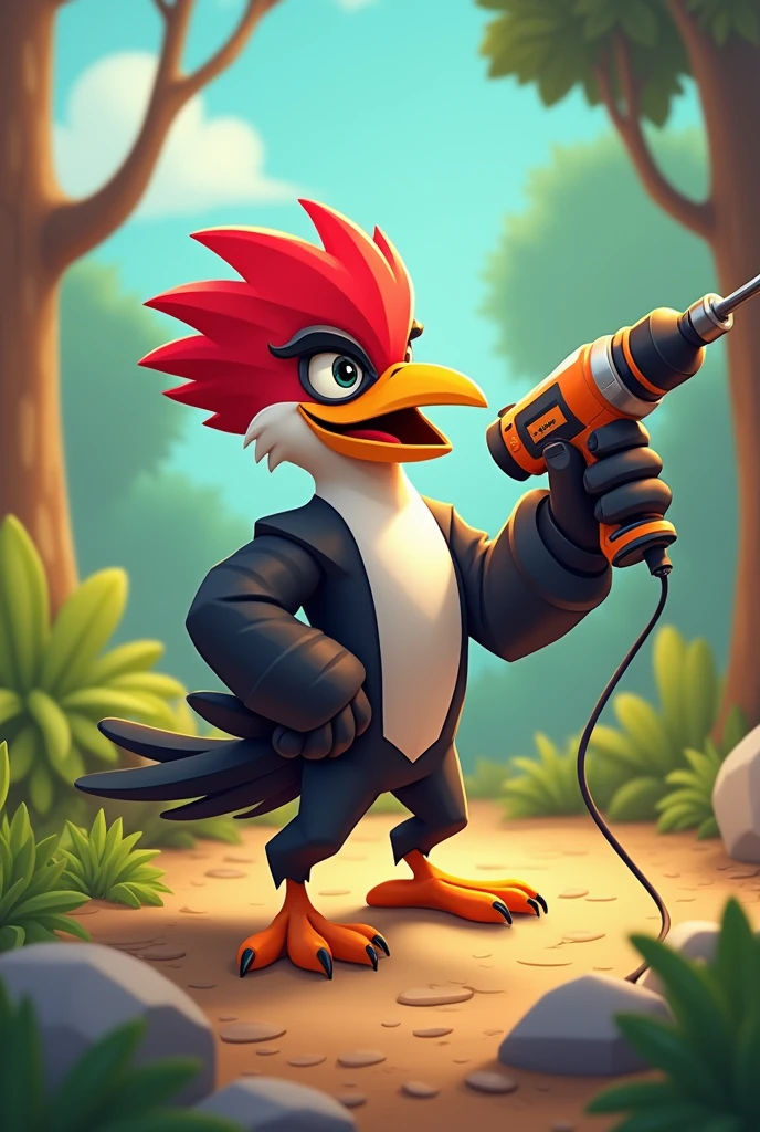 A video game style woodpecker with a drill in his hands