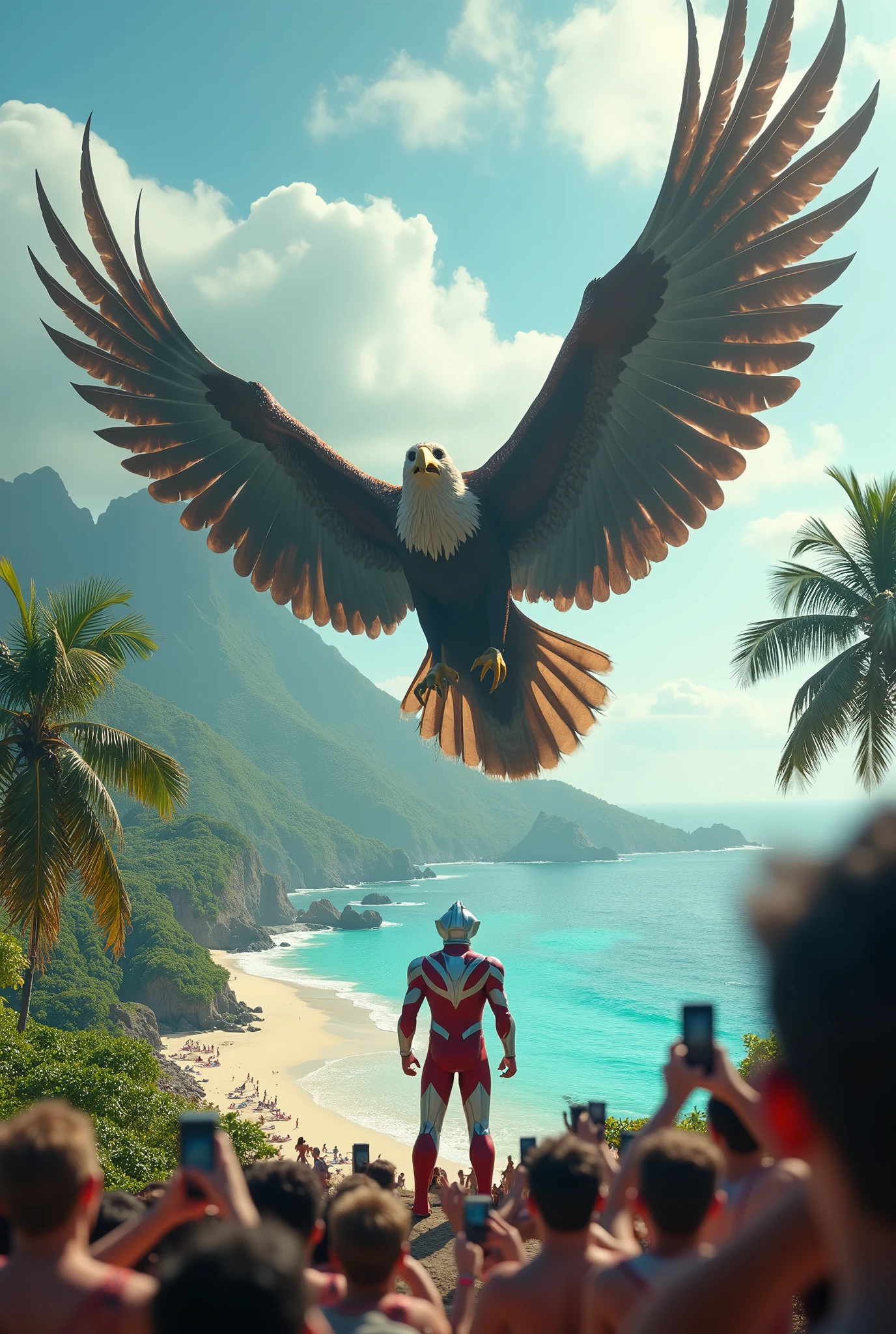 ultraman,giant eagle,water,island,tilt shift photography,miniature effect,detailed environment,dramatic lighting,epic battle,high quality,cinematic,hyper detailed,award winning photograph,stunning colors. Hundred of Small human snap with phone .