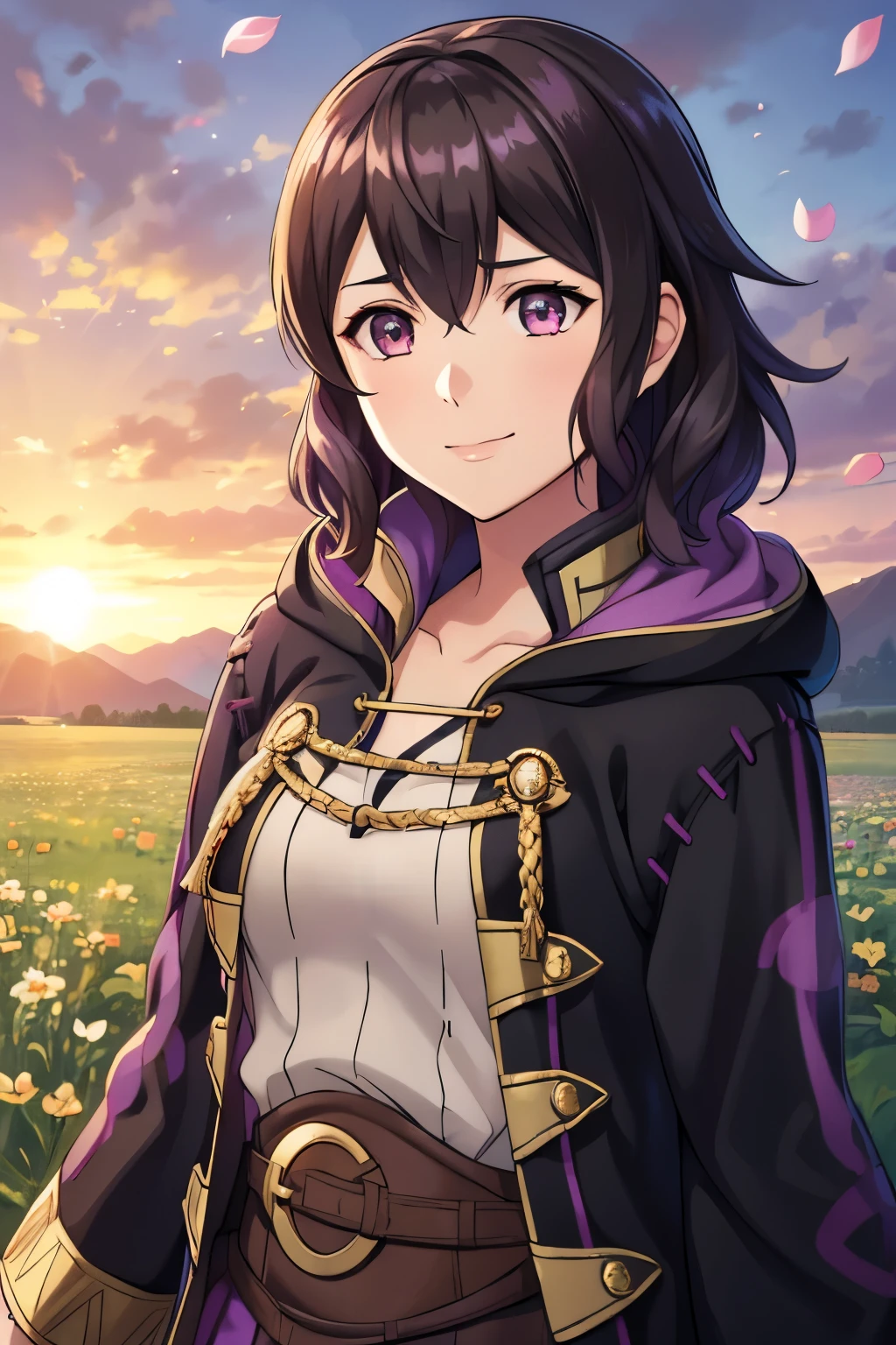 (high-quality, breathtaking),(expressive eyes, perfect face) 1girl, female, solo, portrait, Fire Emblem Awakening, Symmetrical Eyes, open field background, Robin (Fire Emblem: Awakening), dark Brown hair color, short hair length, messy wavy hair, hair ornament, upper body, pink eyes, Black and purple robe, gold trim, hood, white shirt, brown belt, tomb, positive expression, cute smile, detailed eyes, adorable face, short height, Cult of Grima, Fell Dragon Grima, Arms down, female robin (fire emblem), dark brown hair, flower petals, braided bang, ribbon in hair, soft breeze, sunrise skies
