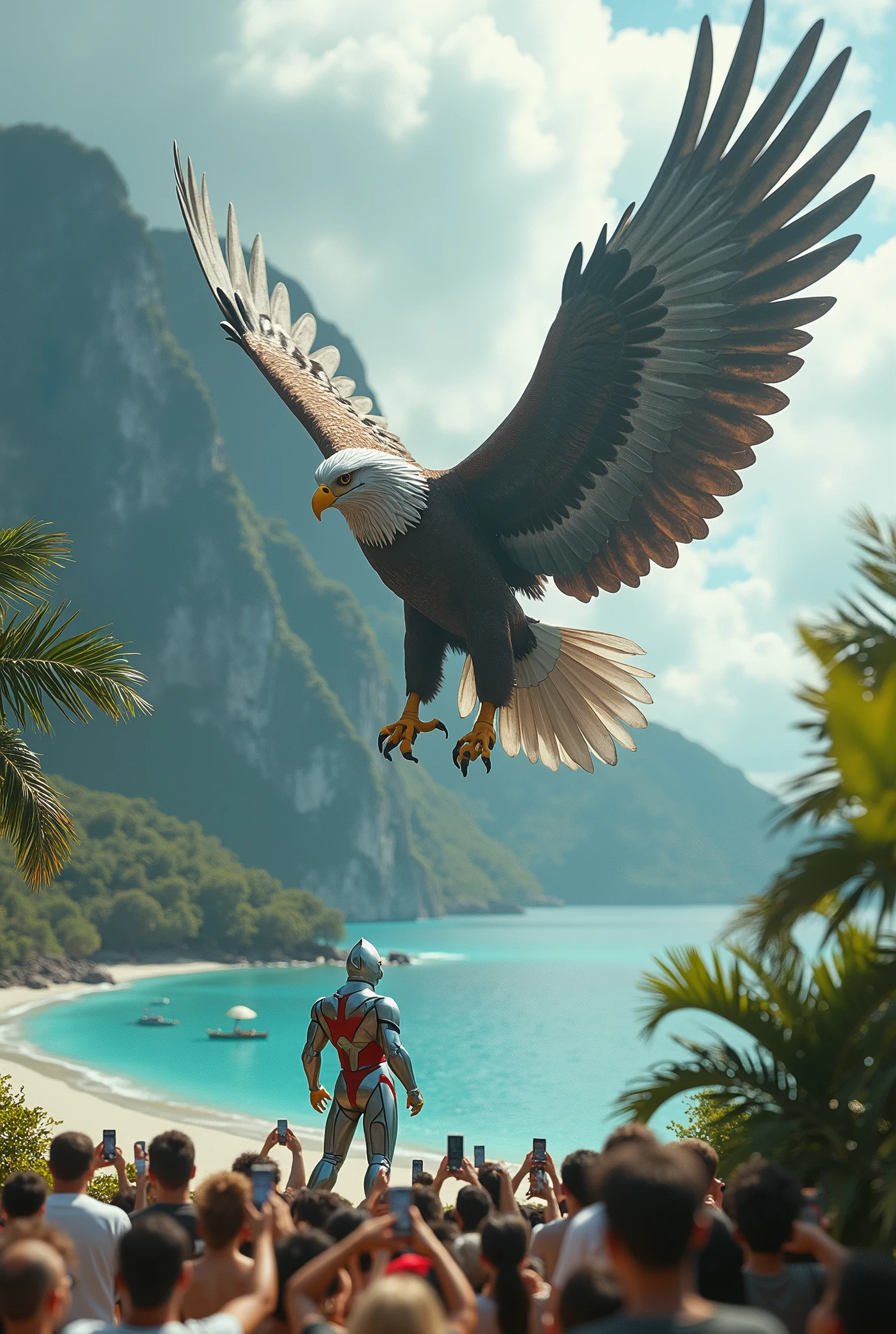 ultraman,giant eagle,water,island,tilt shift photography,miniature effect,detailed environment,dramatic lighting,epic battle,high quality,cinematic,hyper detailed,award winning photograph,stunning colors. Hundred of Small human snap with phone .