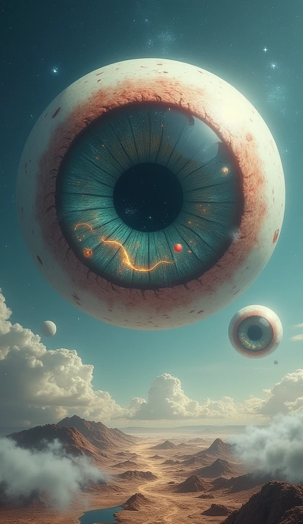 A huge eyeball floats in mid-air,A complete mini universe appears in the pupils of the eyes。Breaking the concept of time and space,Incorporates fantastic elements,Typical surreal scene。These scenes break the logic of reality,Bring strong visual impact and imagination space。visually stunning,( perfect anatomy )masterpiece, best quality, Ultra-high resolution, (Very detailed),