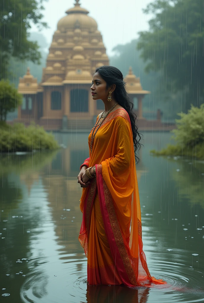 Beautiful Indian girl in saree in pond and in background there is temple. It's raining 