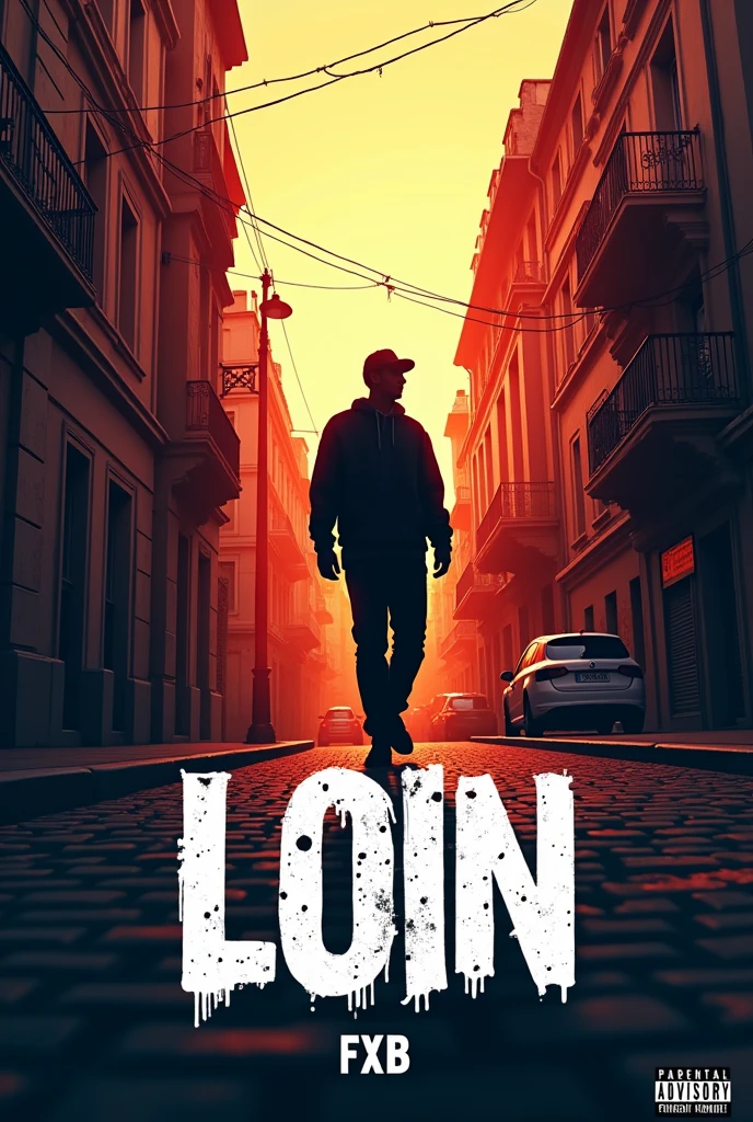 Une pochette d’un album de rap.
Le titre de l’album est Loin, il doit être écrit en style graffiti.
Le nom de l’artiste, FXB, doit être écrit en bas de la pochette.
Il doit y avoir le logo parental advisory.
La pochette doit avoir un style art moderne
Derrière les inscriptions, on doit voir la silhouette de l’artiste entrain de marcher dans la rue des Pyrénées à Paris, il a