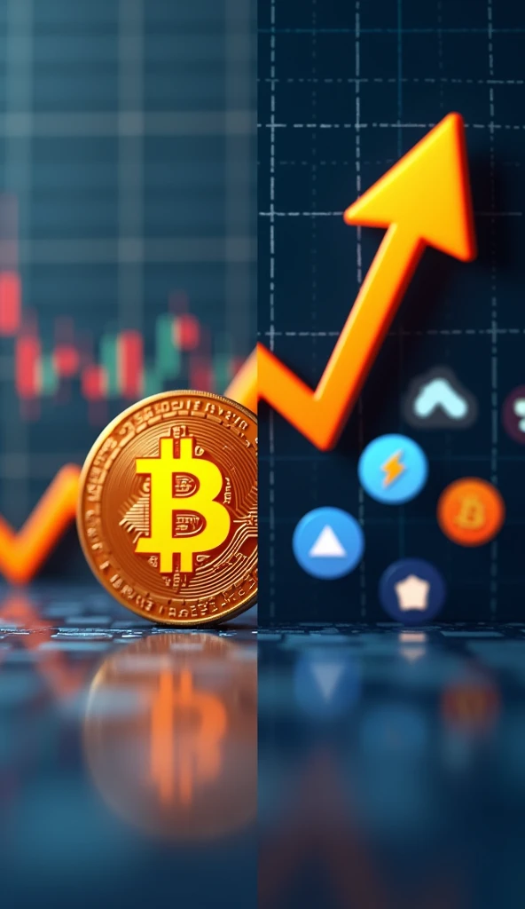 A split-screen: on one side, a Bitcoin logo with a rising arrow; on the other side, various altcoin logos with fluctuating lines. The background could feature a simple stock market chart.