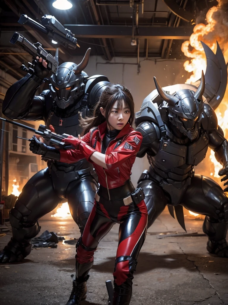 Woman fighting monsters with guns