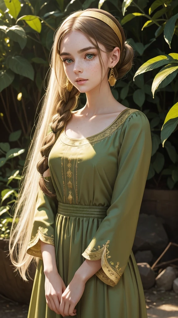 A young woman, full-length. Elongated, oval-shaped face, thin cheeks. Small, neat mouth. Soft green eyes. Very thin eyebrows. Golden freckles on her face. Pale skin. Long light brown hair, bundle on top of her head, a headband of pigtails. Gold earrings in her ears. Dressed in a long, green dress, similar to a medieval dress, the sleeves of the dress are tapered, closer to the arms are free, the neckline is small, a lot of details on the paltier, gold embroidery.