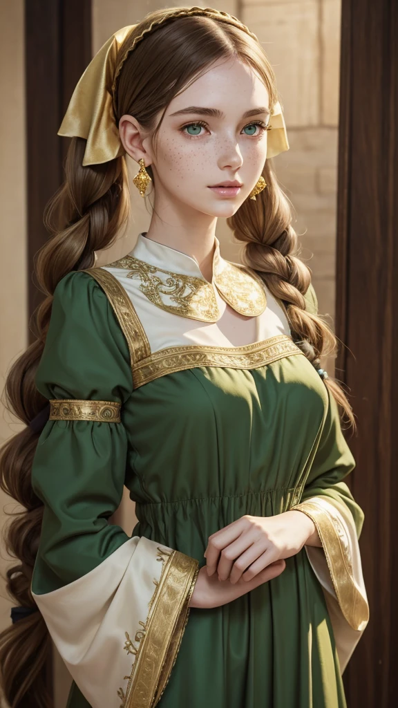 A young woman, full-length. Elongated, oval-shaped face, thin cheeks. Small, neat mouth. Soft green eyes. Very thin eyebrows. Golden freckles on her face. Pale skin. Long light brown hair, bundle on top of her head, a headband of pigtails. Gold earrings in her ears. Dressed in a long, green dress, similar to a medieval dress, the sleeves of the dress are tapered, closer to the arms are free, the neckline is small, a lot of details on the paltier, gold embroidery.