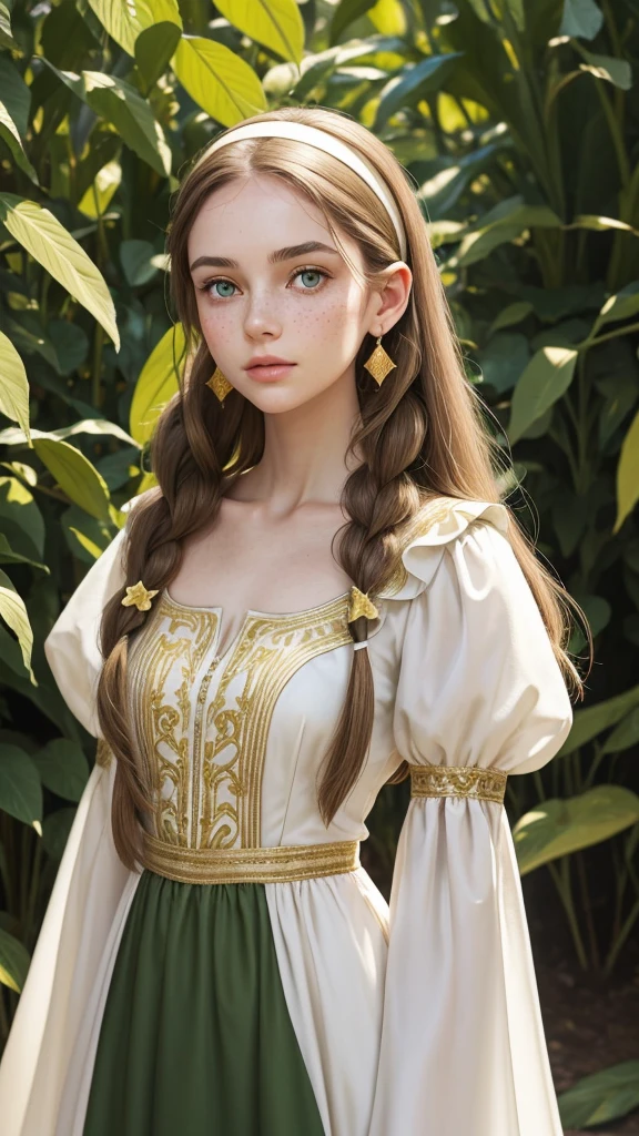 A young woman, full-length. Elongated, oval-shaped face, thin cheeks. Small, neat mouth. Soft green eyes. Very thin eyebrows. Golden freckles on her face. Pale skin. Long light brown hair, bundle on top of her head, a headband of pigtails. Gold earrings in her ears. Dressed in a long, green dress, similar to a medieval dress, the sleeves of the dress are tapered, closer to the arms are free, the neckline is small, a lot of details on the paltier, gold embroidery.