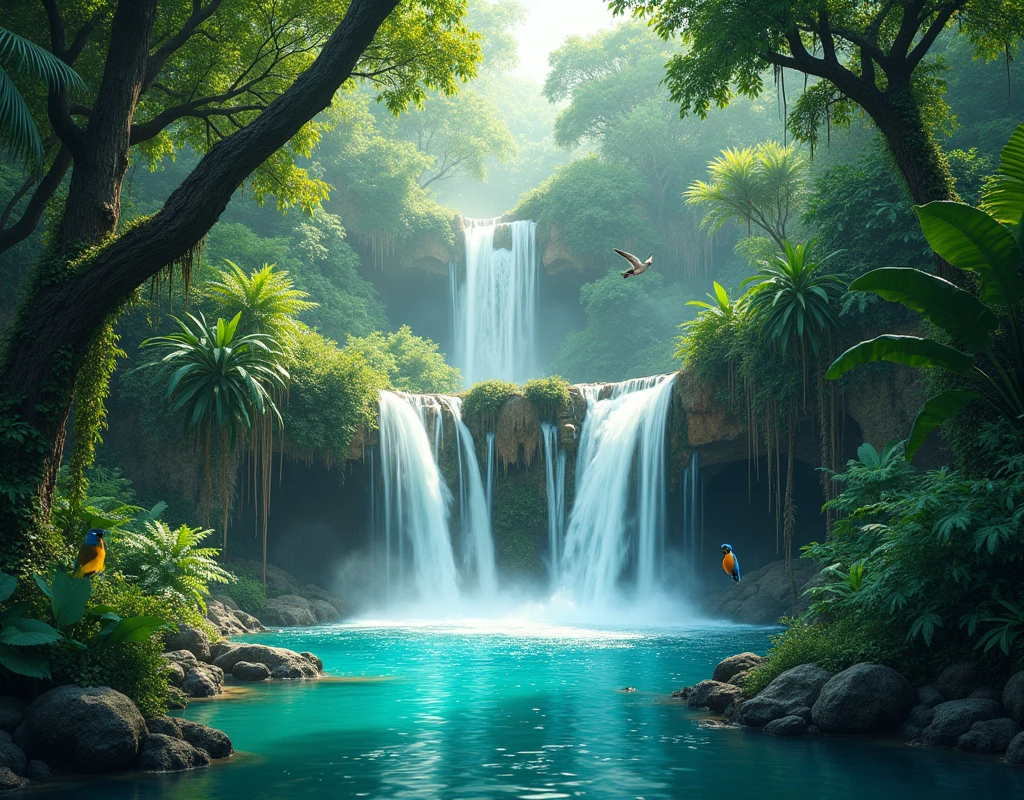 crée moi plusieurs une jungle paradisiaque, avec une cascade, eau turquoise