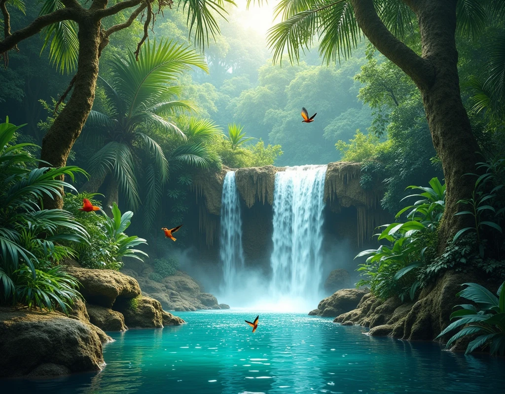 crée moi plusieurs une jungle paradisiaque, avec une cascade, eau turquoise