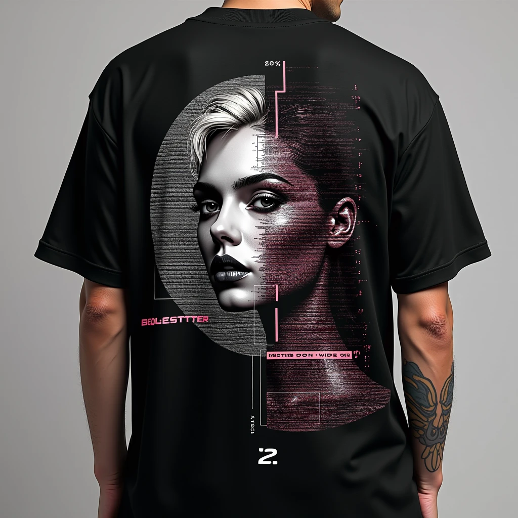 A collection of oversized streetwear t-shirts inspired by digital art and urban culture. The shirts feature large, central graphics that combine elements of 3D modeling and glitch art. One shirt displays a stylized human face, half of which is rendered in a metallic texture, while the other half is fragmented into digital noise. The designs are bold and futuristic, with a color palette of black, metallic silver, and neon accents. The shirts have a loose fit, perfect for a contemporary streetwear look