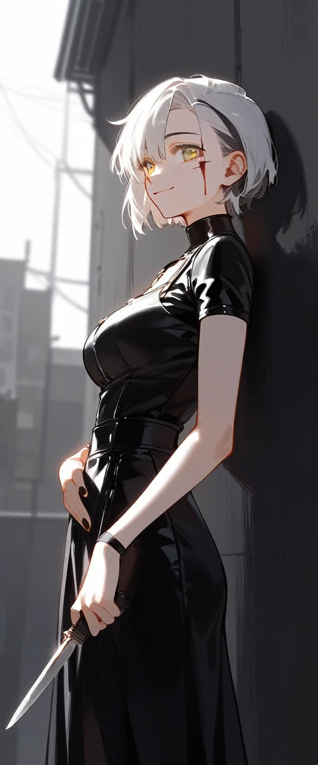 black and white bicolor hair, ,Asymmetrical hair, short hair, Leaning against the wall、Woman with eyes wide open。Yellow Eyes, smile。Bloody。Bleeding。Seriously injured。Holding a knife。Black latex long skirt。Black Shirt。Armed。Goat ears,Long concrete corridor, Cowboy Shot。Cinema Lighting ,masterpiece,, Highest quality, 8k.NSFW。